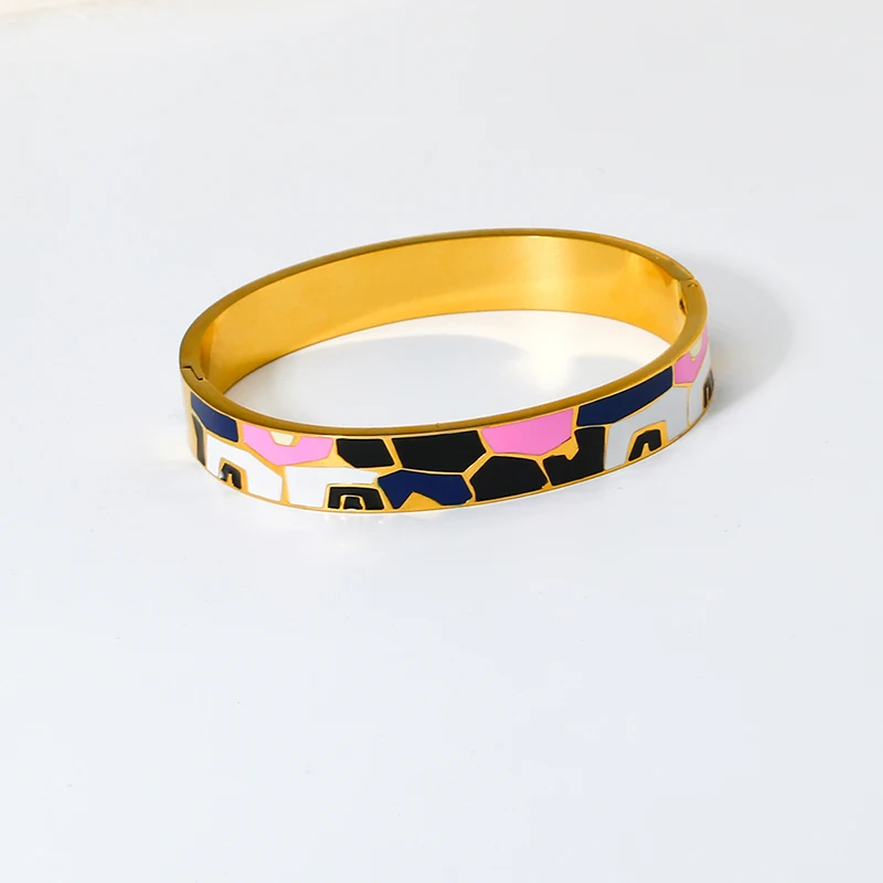 

Trendy Stainless Steel Colorful Abstract Pattern 18K Gold Plated Enamel Bracelet Bangles for Women Stylish Hand Jewelry Gift