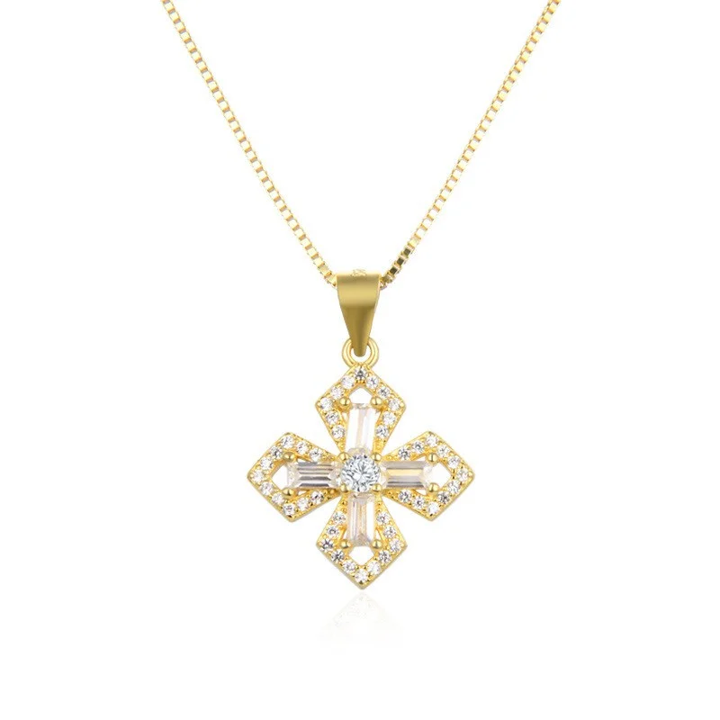 

Lefei Jewelry S925 Silver Fashion Trendy Luxury Zircon Design Golden Hollow Cross Necklaces For Women Party Wedding Charms Gifts