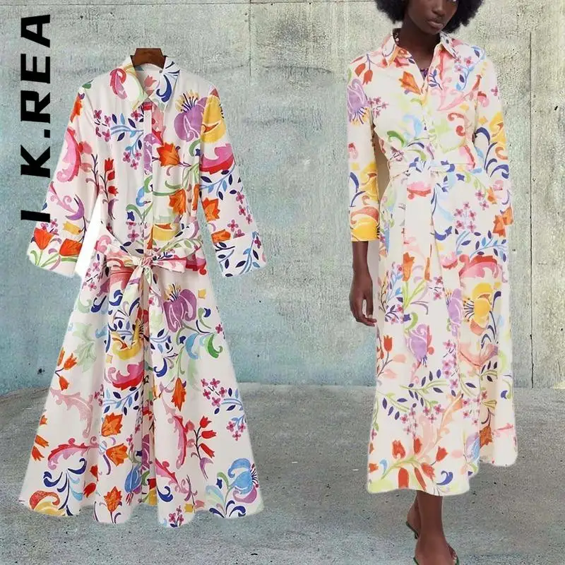 

I K.Rea Fashion 2022 3/4 Sleeve Print Turn-down Collar Sashes Shirts Dress Stylish Party Dresses Lazy Chic Female Vestidos