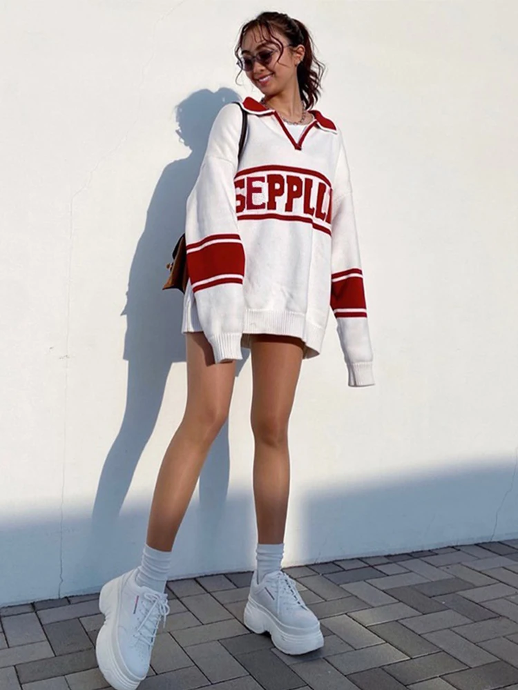 

Autumn Polo Collar Half Zipper Letter Long Sleeve Knitted Sweater Pullover Loose Hoodie Winter Clothes Women Club Shirt Baseball