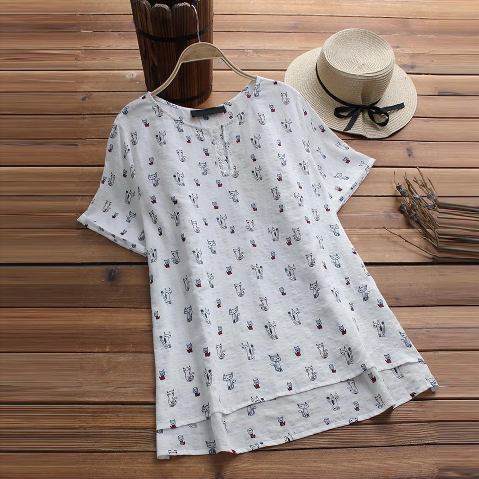 

Cat Print Shirts Cotton Line Women'S Blouse Summer Loose Short Sleeve Pullover Tops Elegant V Neck Button Blusas Mujer Elegantes