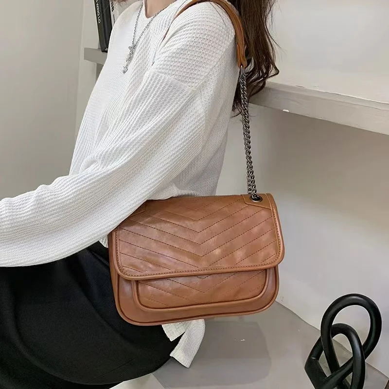 New Korean Fashion High-Quality Leather Versatile Chain Women's Handbag Four Seasons Shopping Travel Shoulder Bag