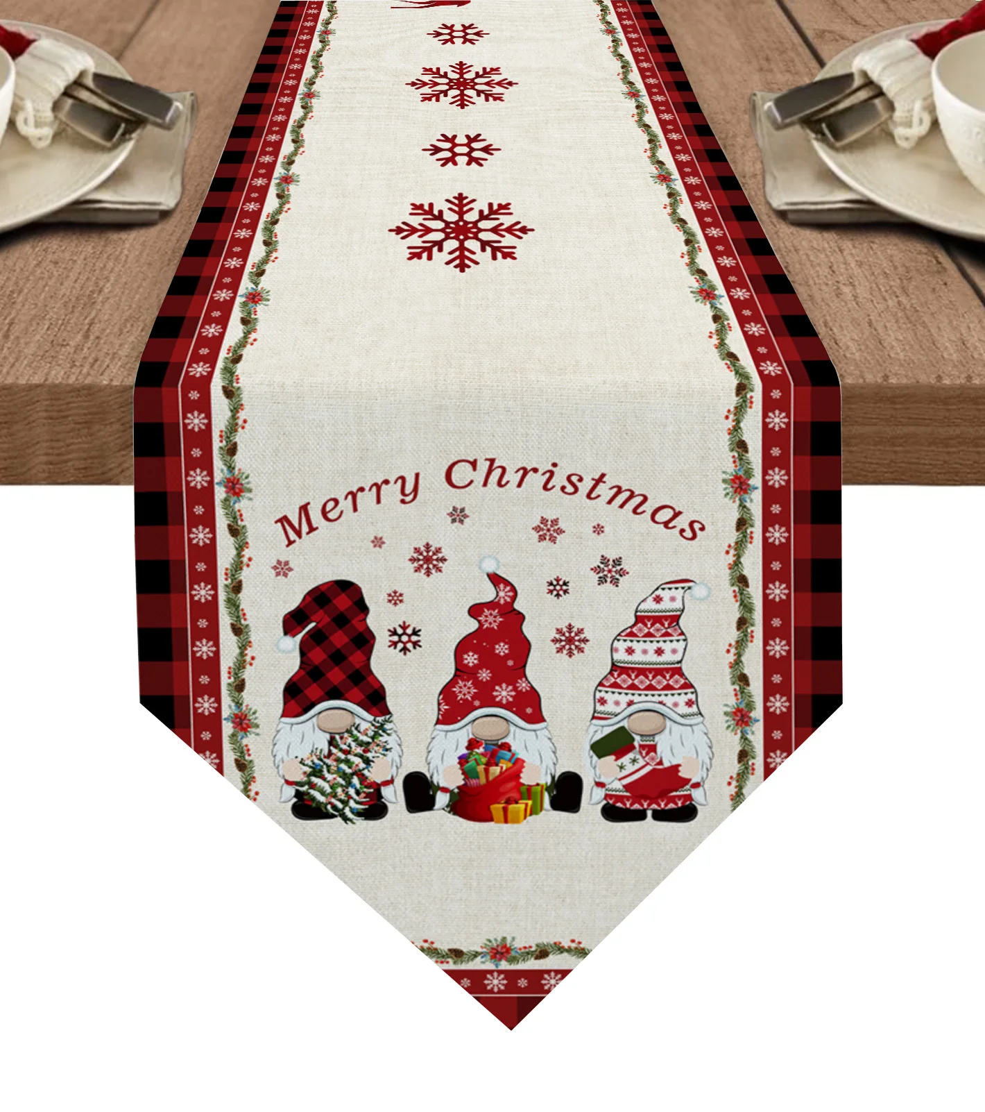 

Christmas Snowflake Gnome Plaid Linen Christmas Home Decor Table Runner Wedding Decor Tablecloth Kitchen Table Runners