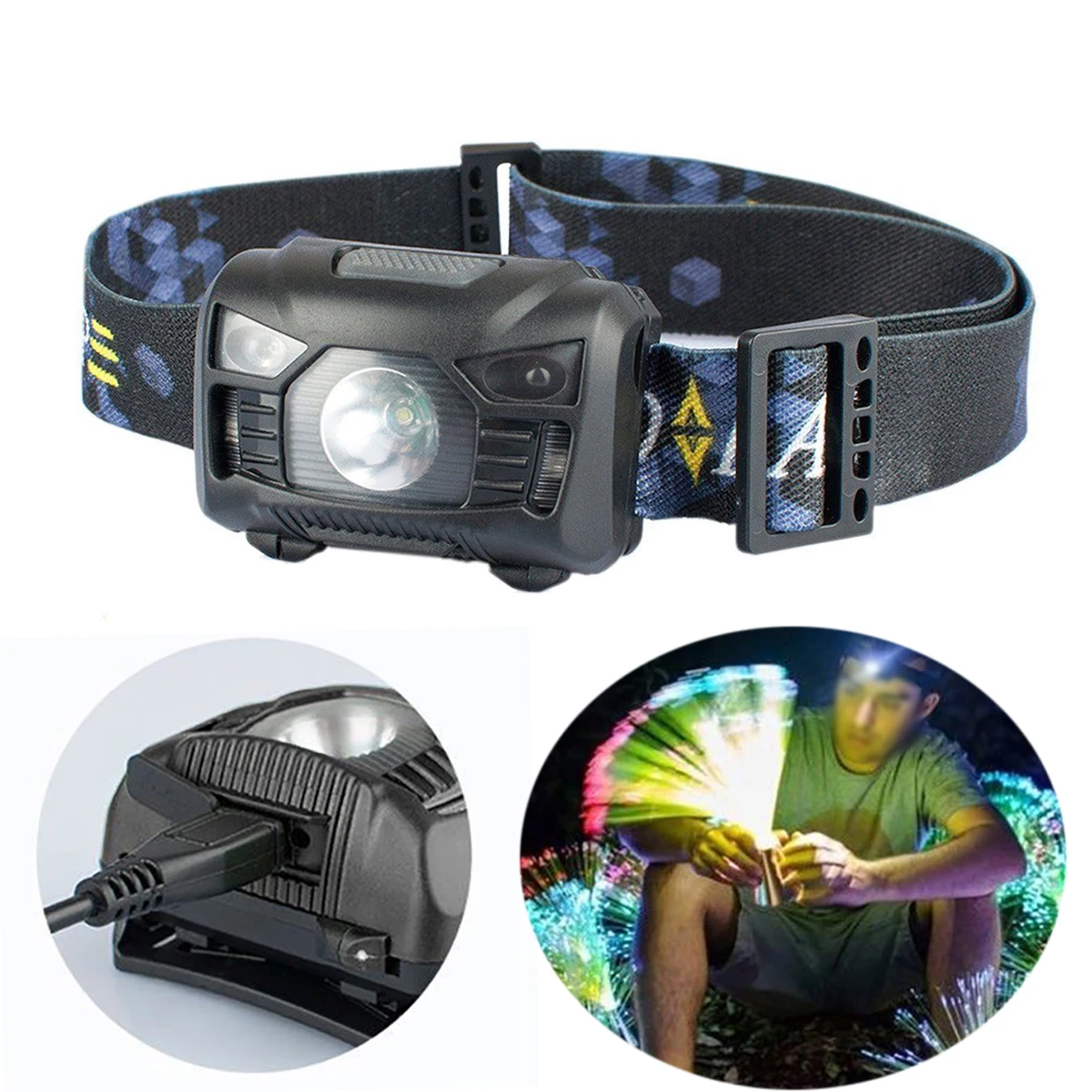 

IR Sensor USB Rechargeable LED Headlamp Head Light Torch Flashlight 3 Modes