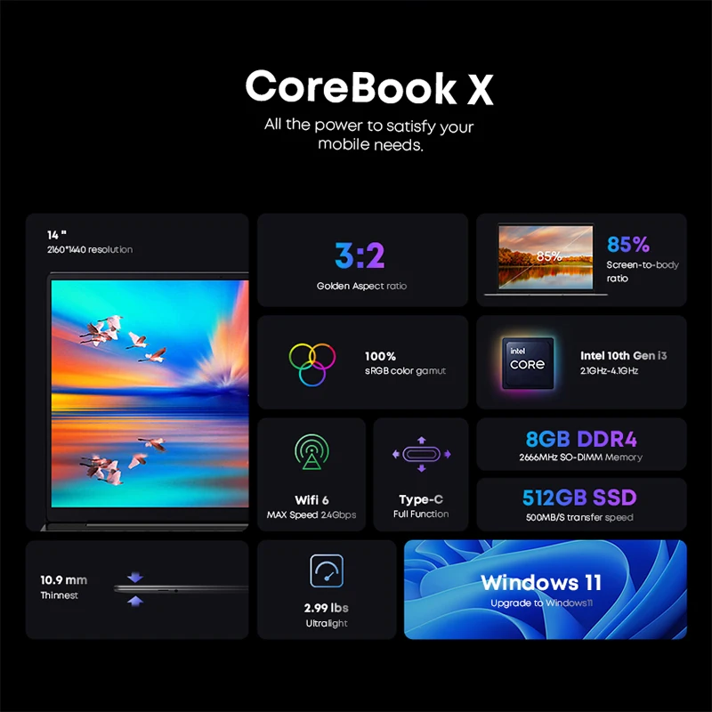 CHUWI CoreBook X ноутбук с 14-дюймовым дисплеем четырёхъядерным процессором Intel Core i5-8259U
