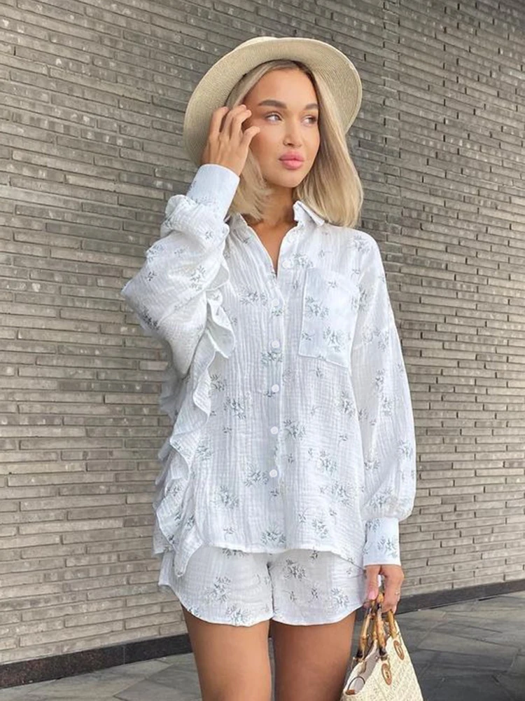 

Hiloc 2024 Print Sleepwear Cotton Ruffle Lantern Long Sleeve Loungewear Pocket Lapel Single-Breasted Women's Home Clothes Spring