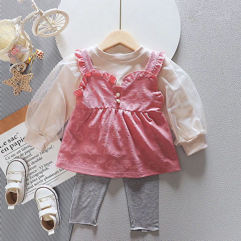 

New Spring Autumn Baby Girls Clothes Suits Kids Sweet Love Tie Dyeing Braces Skirt+Lace T-shirt+Leggings Toddler Cotton Clothing