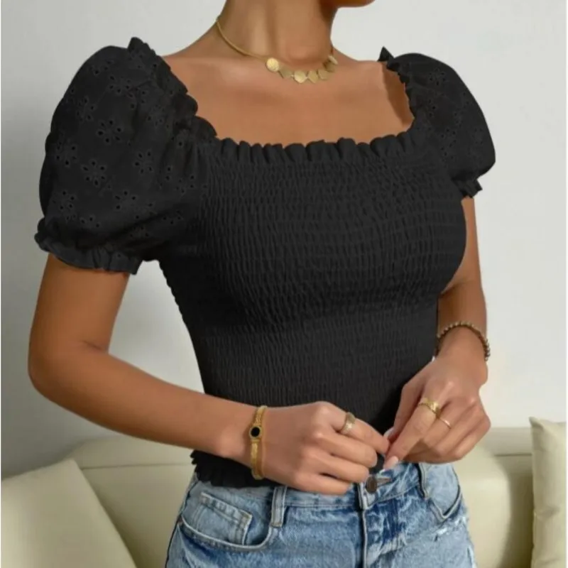 

90's Vintage Square Collar Short Puff Sleeve Tee Base T-shirts Cool Girl Wood ears Elastic Ruched Slim T-shirt crop top