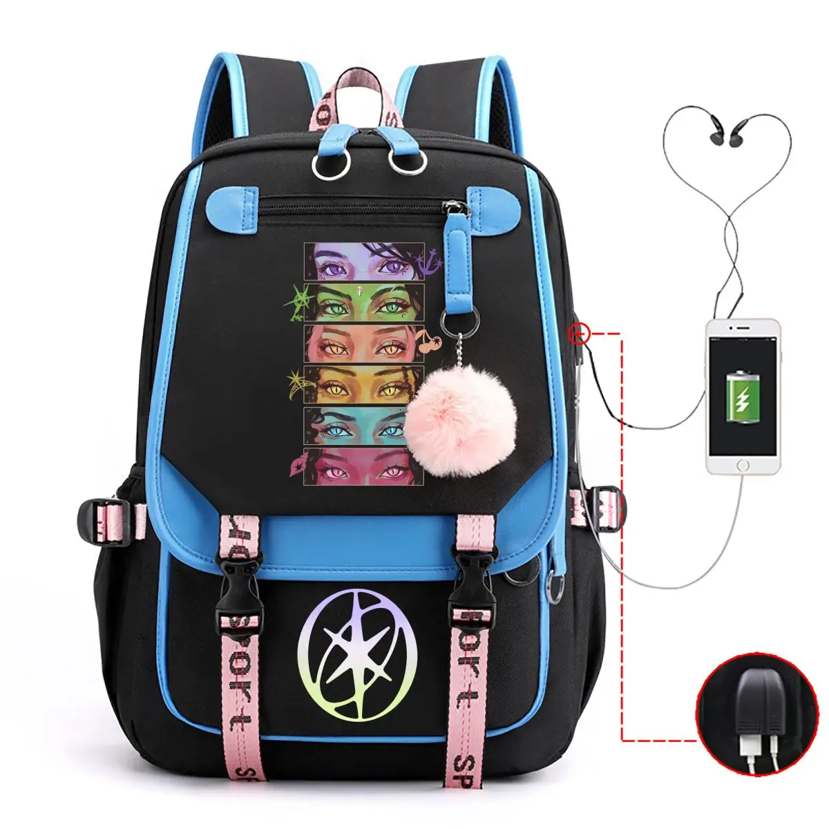 Фото Рюкзак Back To School Katseye с контрастными вставками, USB-портом для зарядки и отверстием для провода наушников, для подростков (мальчиков и девочек) №1