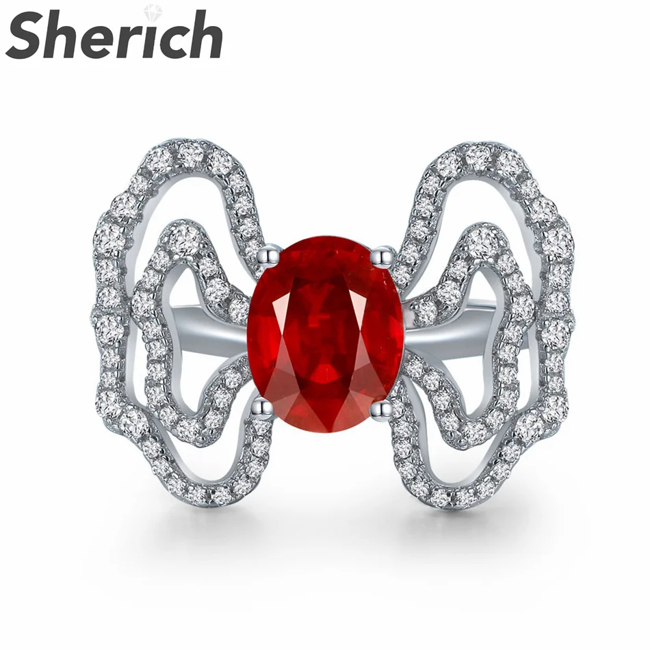 

Sheric 2ct Synthetic Paraiba Egg Shape Ruby High Carbon Diamond 100% 925 Sterling Silver Cloud Ring Women's Brand Fine Jewelry