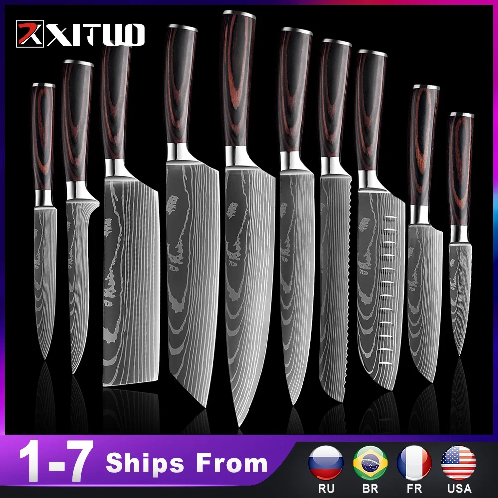 Aliexpress - XITUO Chef knife 1-10 Pcs Set Kitchen Knives Laser Damascus Pattern Sharp Japanese Santoku Knife Cleaver Slicing Utility Knife