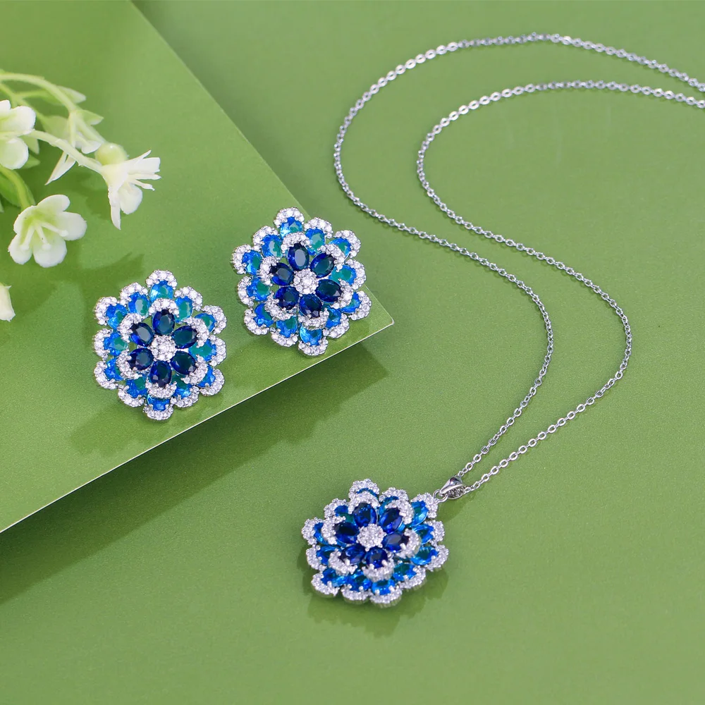 Фото CWWZircons Art Deco Роскошные синие циркониевые массивные серьги в форме цветка и ожерелье с подвеской Женские вечерние комплекты ювелирных изделий T764 №4