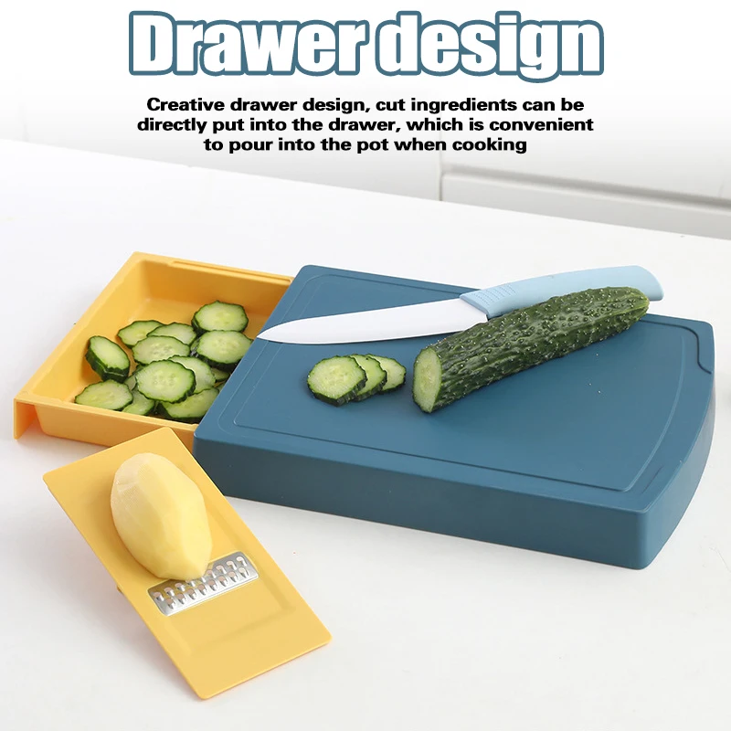 

Drawer Type Cutting Board with Detachable Food Grater Slicer Easy to Collect Vegetable Kitchen Board Mat for Household GQ