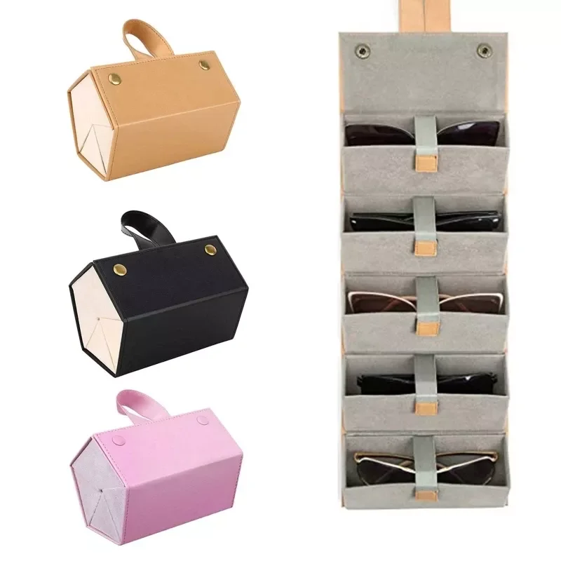 

5 Slot Multiple Travel Sunglasses Storage Bag PU Leather Hanging Foldable Glasses Case Storage Box for Men and Women