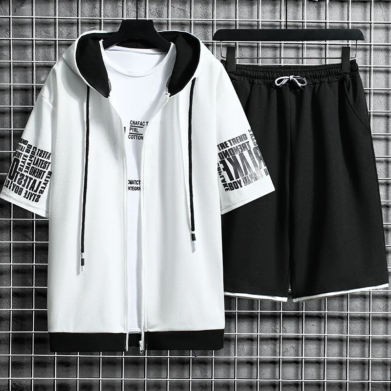 

Summer Men Tracksuit Casual Harajuku Sets Men's Sportswear Hooded Short Sleeve Set tshirts+Short 2PCS Sports Suit Loose Clothing