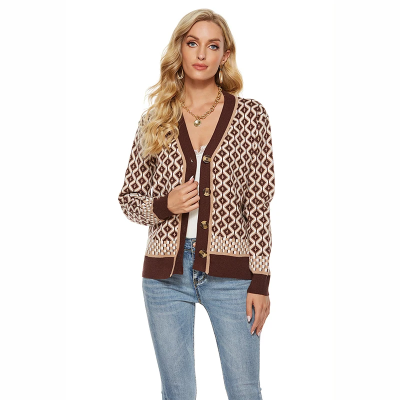 

Women's Knitting Sweater Color Matching Diamond Lattice Single-Breasted Buttons Loose Casual Knitted Cardigan Sweaters