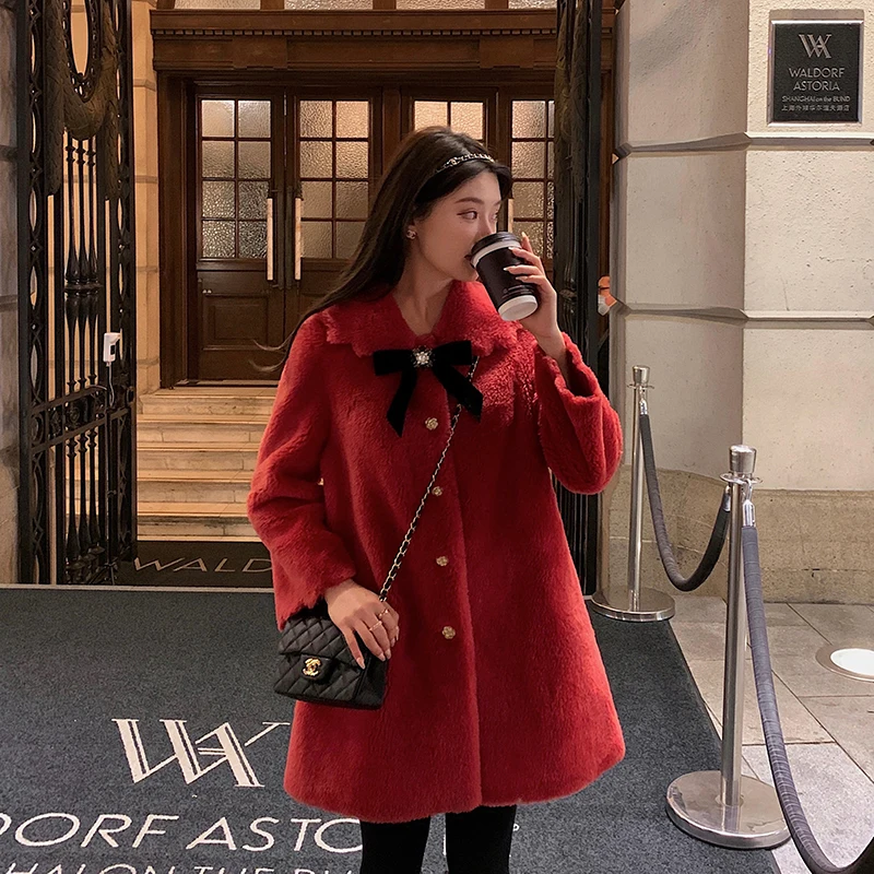 Luxury Imported Lamb Wool Fur Coat Women's Winter Petal Collar Mid-Length Young Ladies Long Sleeve Real Fur Jackets for Woman