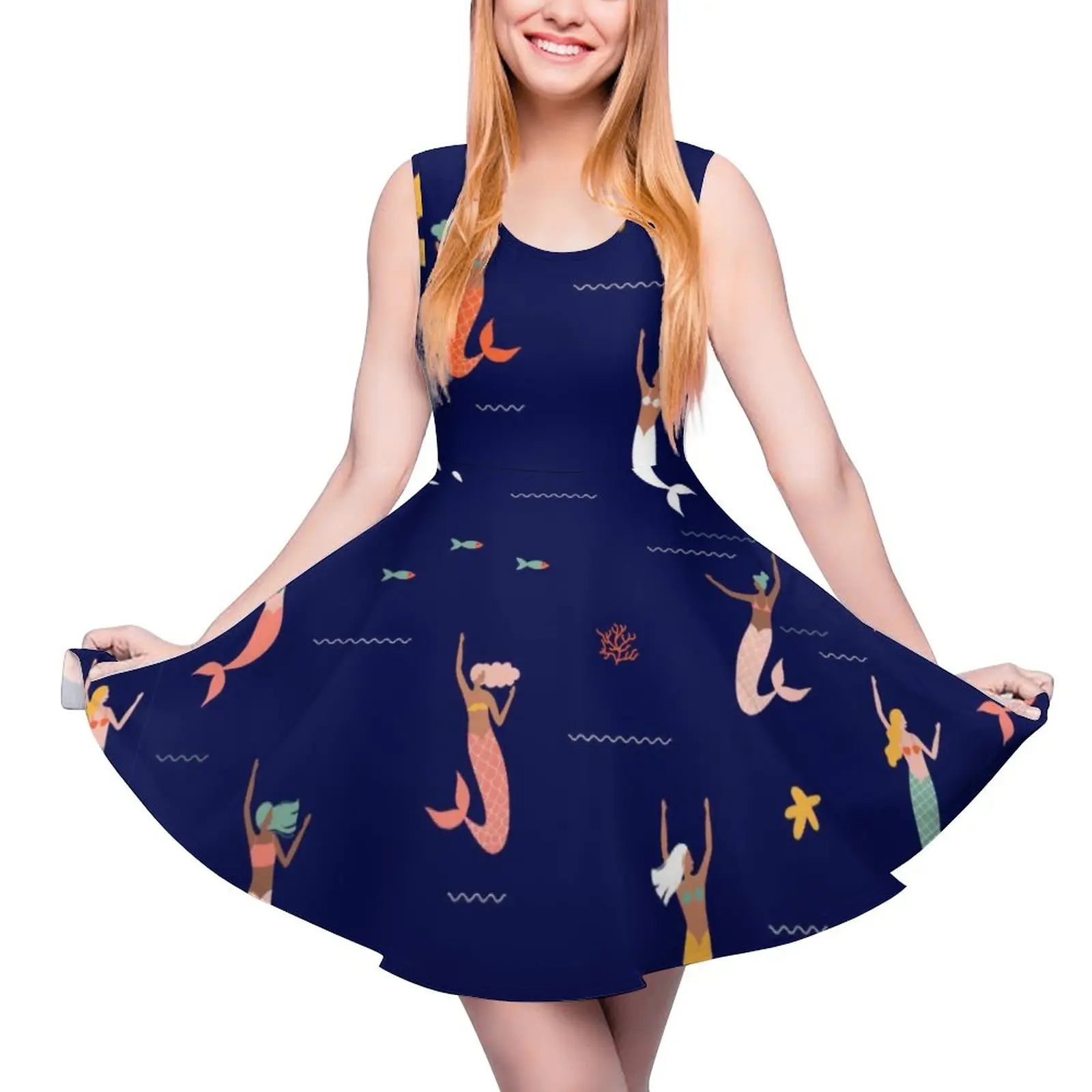

Cartoon Mermaid Dress Mermaids Playing In The Sea Street Style Dresses Women Club Skate Dress Sleeveless Print Vestido Plus Size