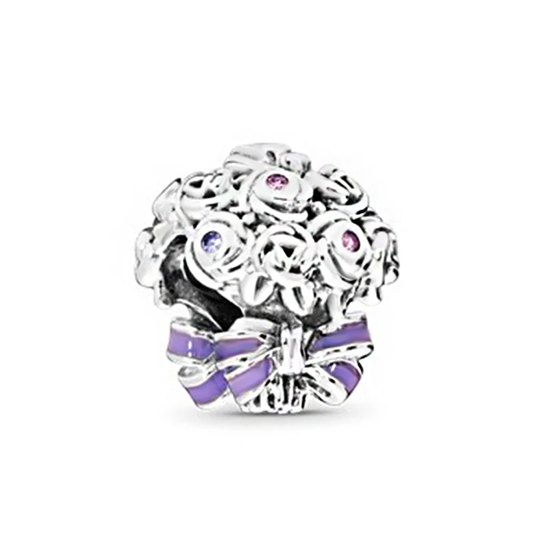 

Popular 925 Sterling Silver Bead Purple Celebration Bouquet Dangle Charm Fit Original Pandora Bracelet Women DIY Jewelry Gift