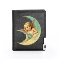 high quality moon angel printing leather wallet men women billfold slim credit cardid holders inserts short purses