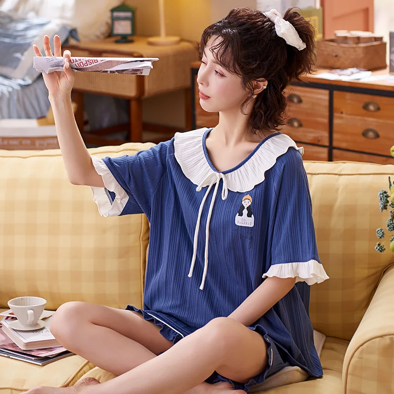 Новое поступление хлопковая одежда для сна отдыха топ Синяя Женская летний
