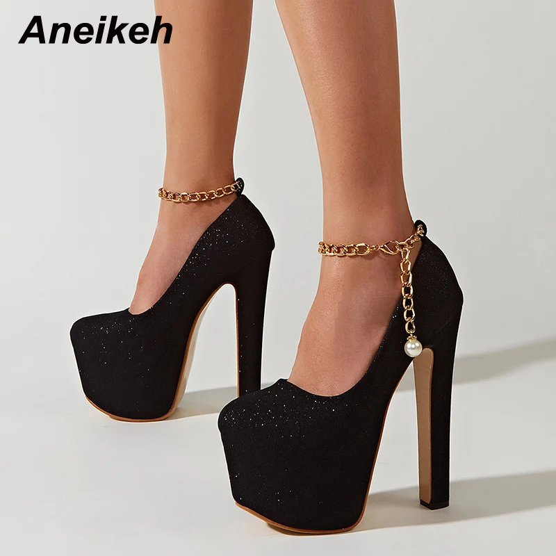 

Aneikeh Sexy High Heel Platform Women Party Dress Nightclub Shoes Fashion Sequined Cloth Round Toe Ankle Pearl Decoration Pumps