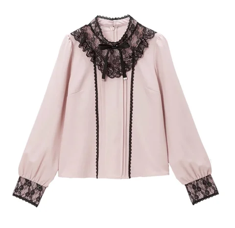Customized Japanese Style Lolita Pink Blouse Mixing with Black Bow Tie Lace Long-Sleeved All-Matching Shirt Women's Spring Tops