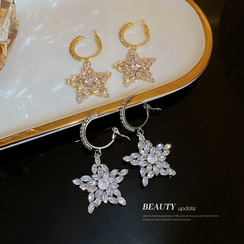 

Minar Chic Shiny Rhinestone Star Hoop Earrings for Women Gold Silver Color Metal Hooks Geometric Long Earring Fashion Jewelry