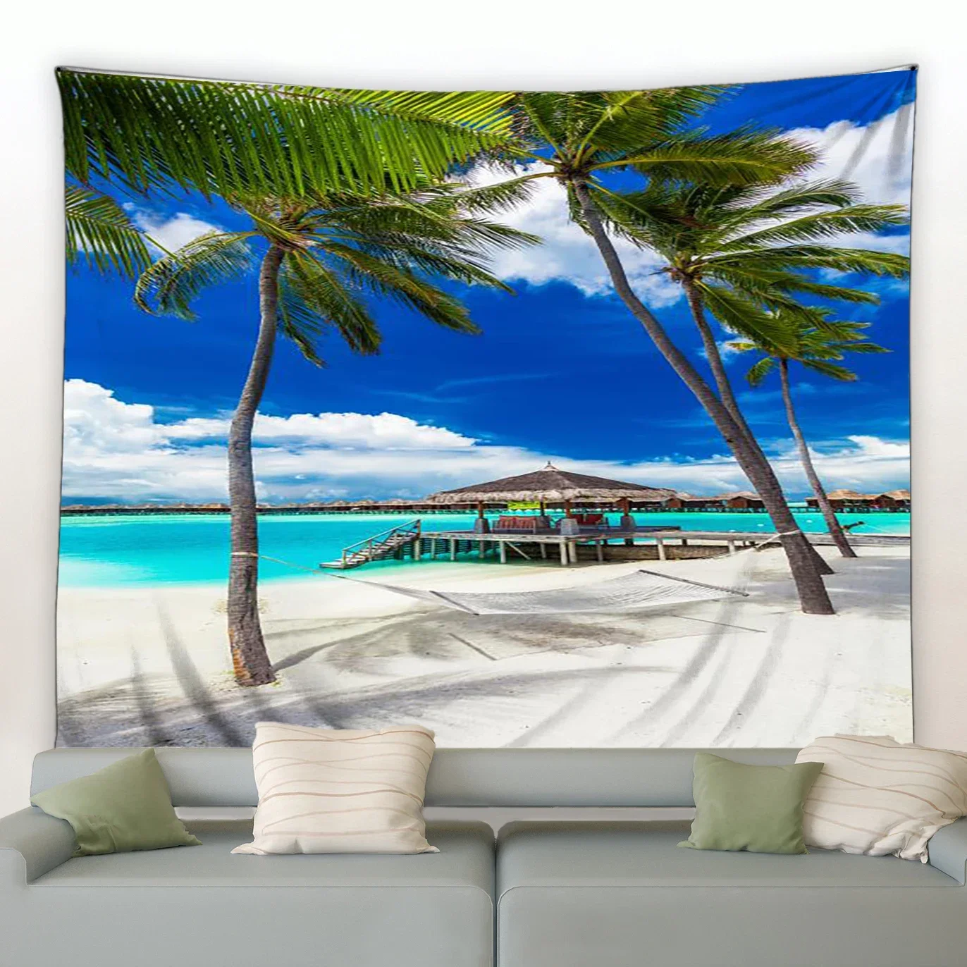 Декор комнаты Эстетический гобелен Пляж Зеленое растение Дерево Океан Пальмовый