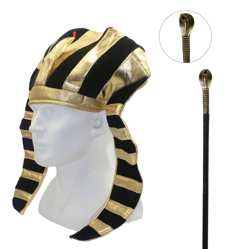

Halloween Easter Show Egyptian Golden Pharaoh Hat Party Cap Grand Carnival Funny Supplies Snake Head Hats Wig Black Cosplay Wand