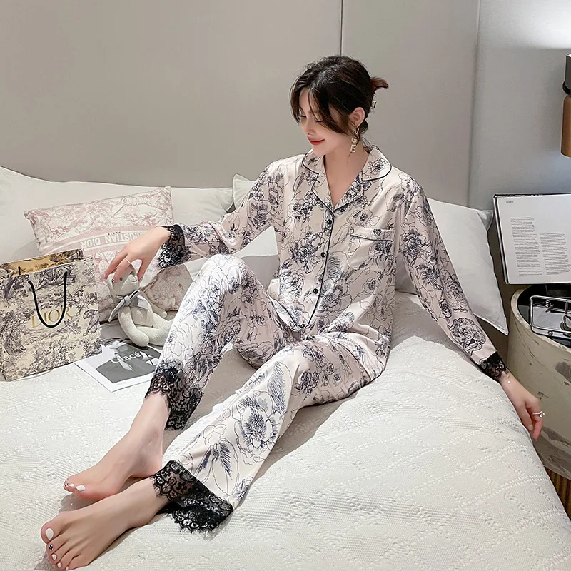 New ice silk couple pajamas Men's spring and summer simulation silk thin pajamas ladies sweet leopard print homewear suit