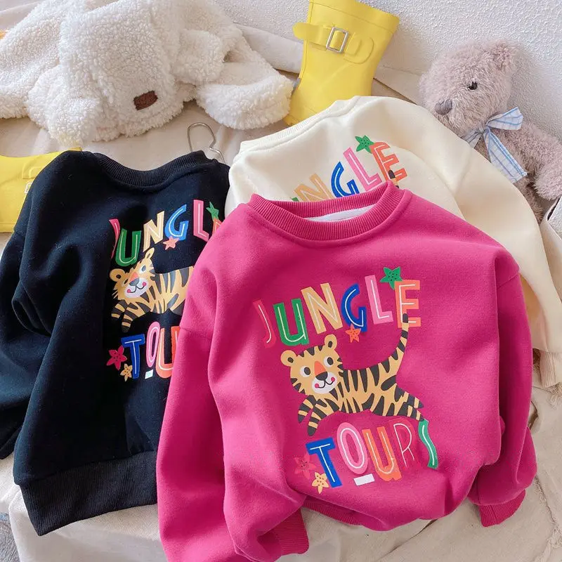 

Girls' new clothing tiger sweater autumn fashion children's cartoon printing long sleeve single layer wool lined top