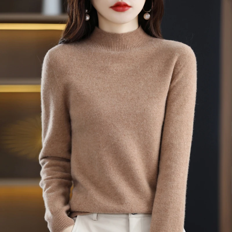 

Женский Однотонный свитер с длинным рукавом, повседневный пуловер из 100%-ной шерсти с полувысоким воротником, Осень-зима
