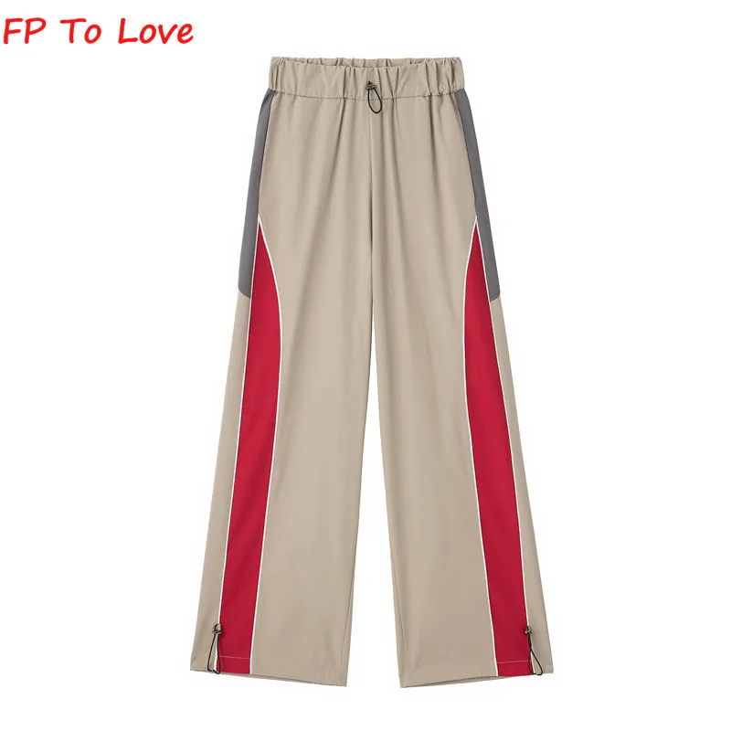 

Y2K Panelled Cargo Pants Drawstring Wide Leg Long Trousers Loose Vintage Elastic Waist PB&ZA Female Armygreen Khaki