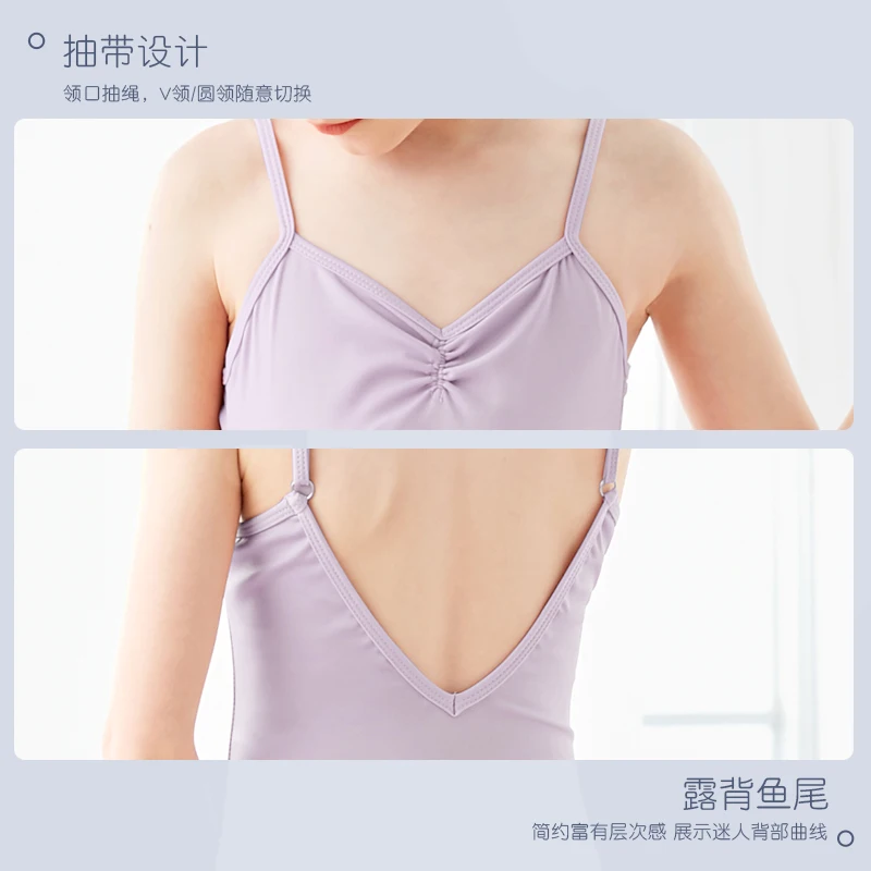 Ballet Leotards Girls Gymnastics Leotard Camisole Leotards Drawstring V Back Nylon Dance Leotards Ballet Bodysuit For Girls