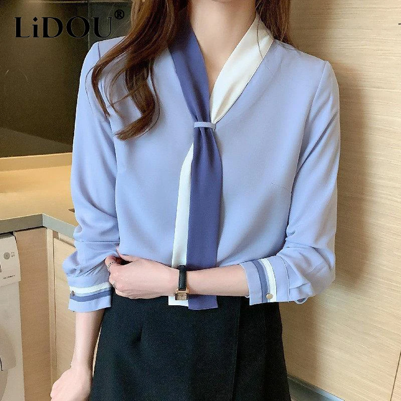 

Spring Autumn Scarf Collar Office Lady Elegant Fashion Lace Up Shirt Top Women Long Sleeve Temperament All-match Cardigan Blusa