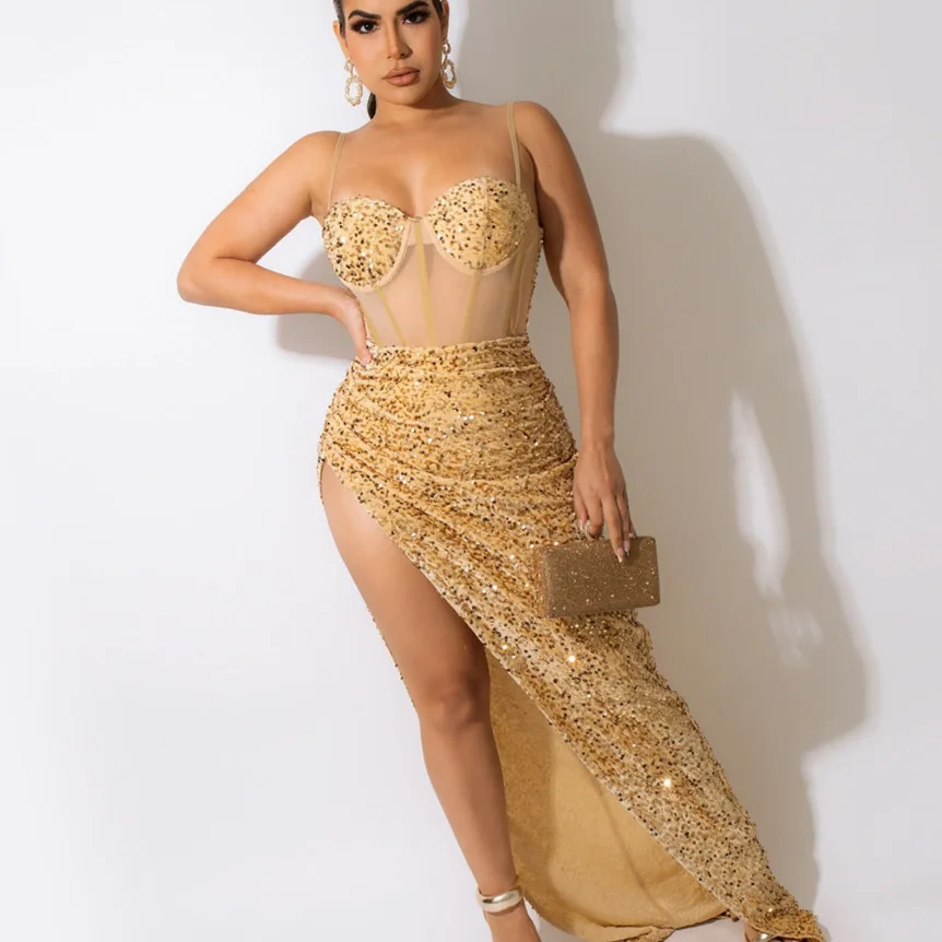 Women Mesh Patchwork High Side Split Sequin Bodycon Midi Backless Maxi Long Dress Sexy Night Party Spaghetti Strap Dress