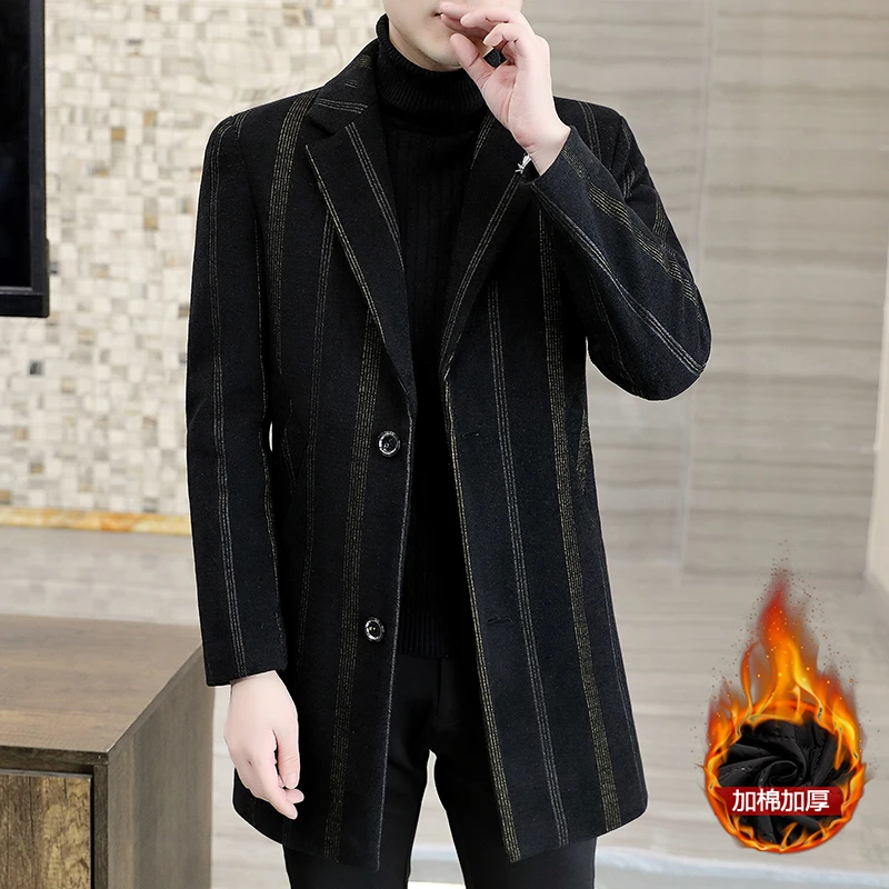 2022 Winter Classic Striped Wool Blends Jackets Men Long Slim Casual Business Trench Coat Social Streetwear Overcoat Windbreaker