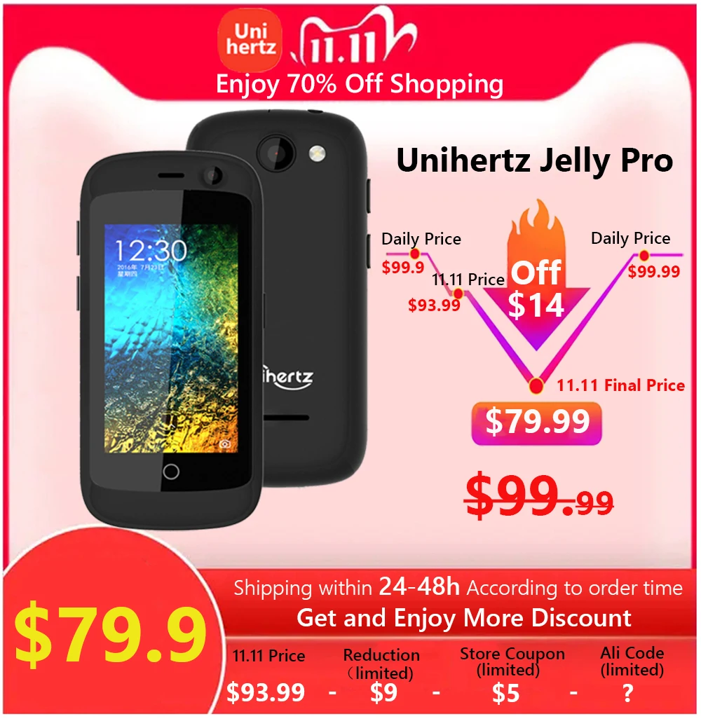 Cena Unihertz Jelly Pro Super Mini 4G Smartphone Czterordzeniowy 3GB 32GB Android 8.1 Odblokowany Telefon Komórkowy 2MP 8MP Aparat 950mAh Telefon Komórkowy