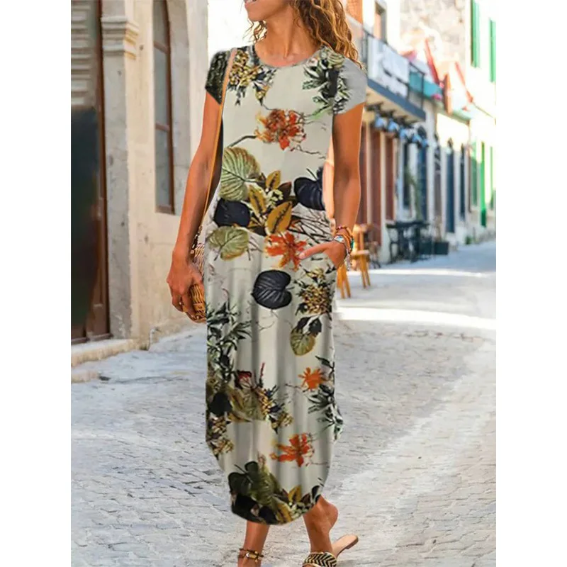 

Elegant Irregular Hem Pencil Dress Robe Women Floral Print Bohemian Long Dresses Lady Casual Loose O-Neck Slim Sundress Vestido