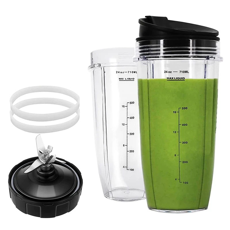 

7 Fins Blender Replacement Parts For Ninja, Extractor Blender And 2Pcs 24Oz Blender Cups With 1 To-Go Lids For Nutri