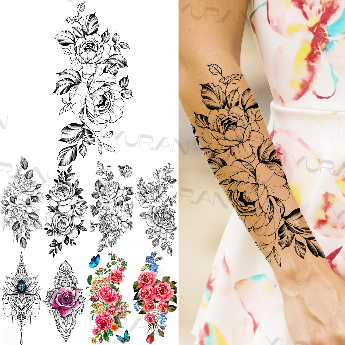 

Тату временные для женщин и девушек, акварель, цветок черной розы, Бабочка, Искусственный драгоценный камень, тату-наклейка, тату на предпле...