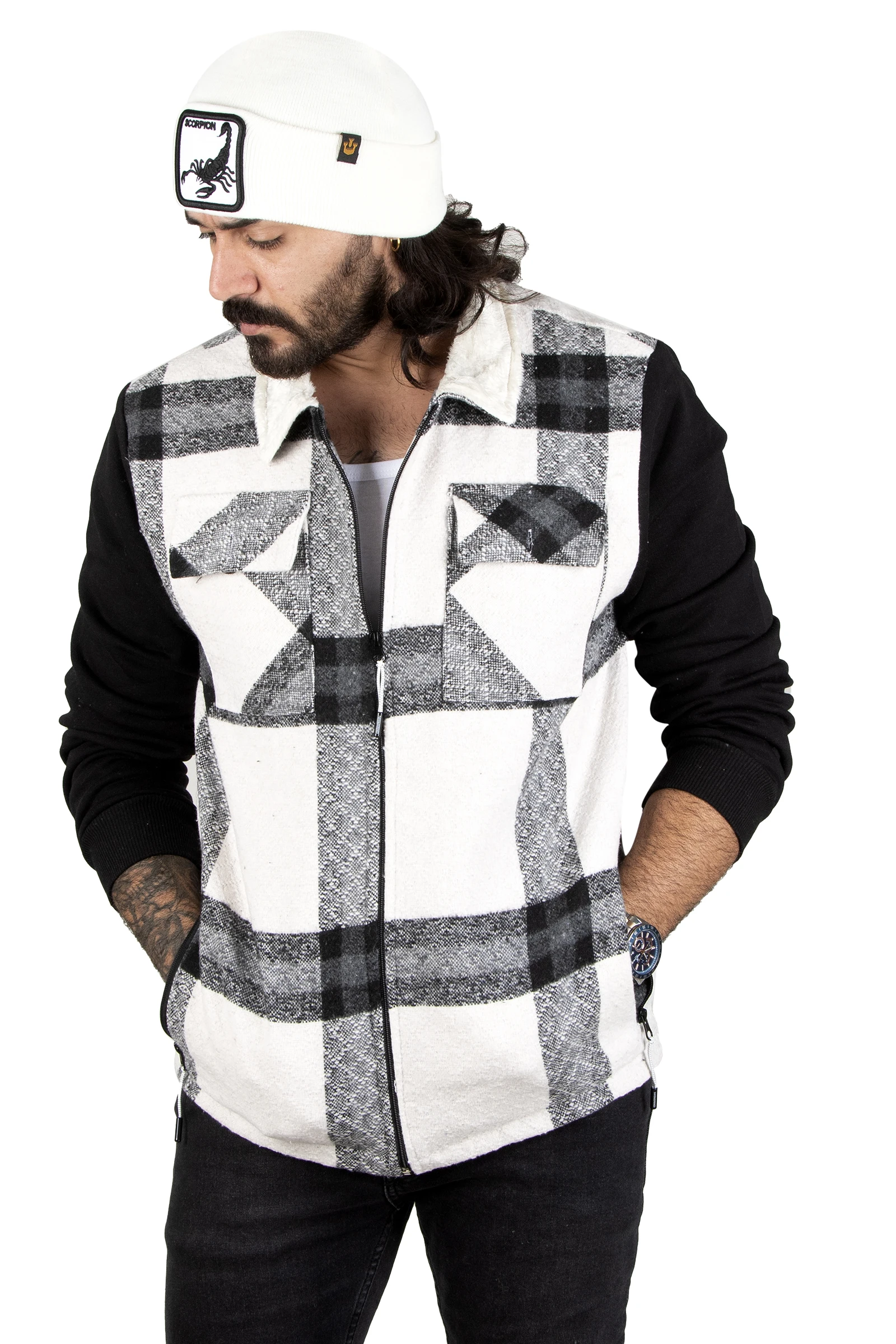 DeepSEA Square Pattern Mobile Cover Inside & Colar Furry Mealy Male Coat 2310426