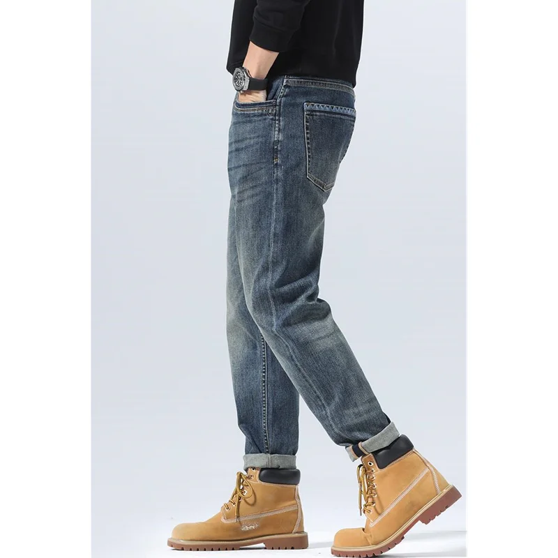 Streetwear Men 2022 Autumn New Style Vintage Pattern Self-cultivation Elastic Force Blue Pencil Pants Recreational Jeans Female