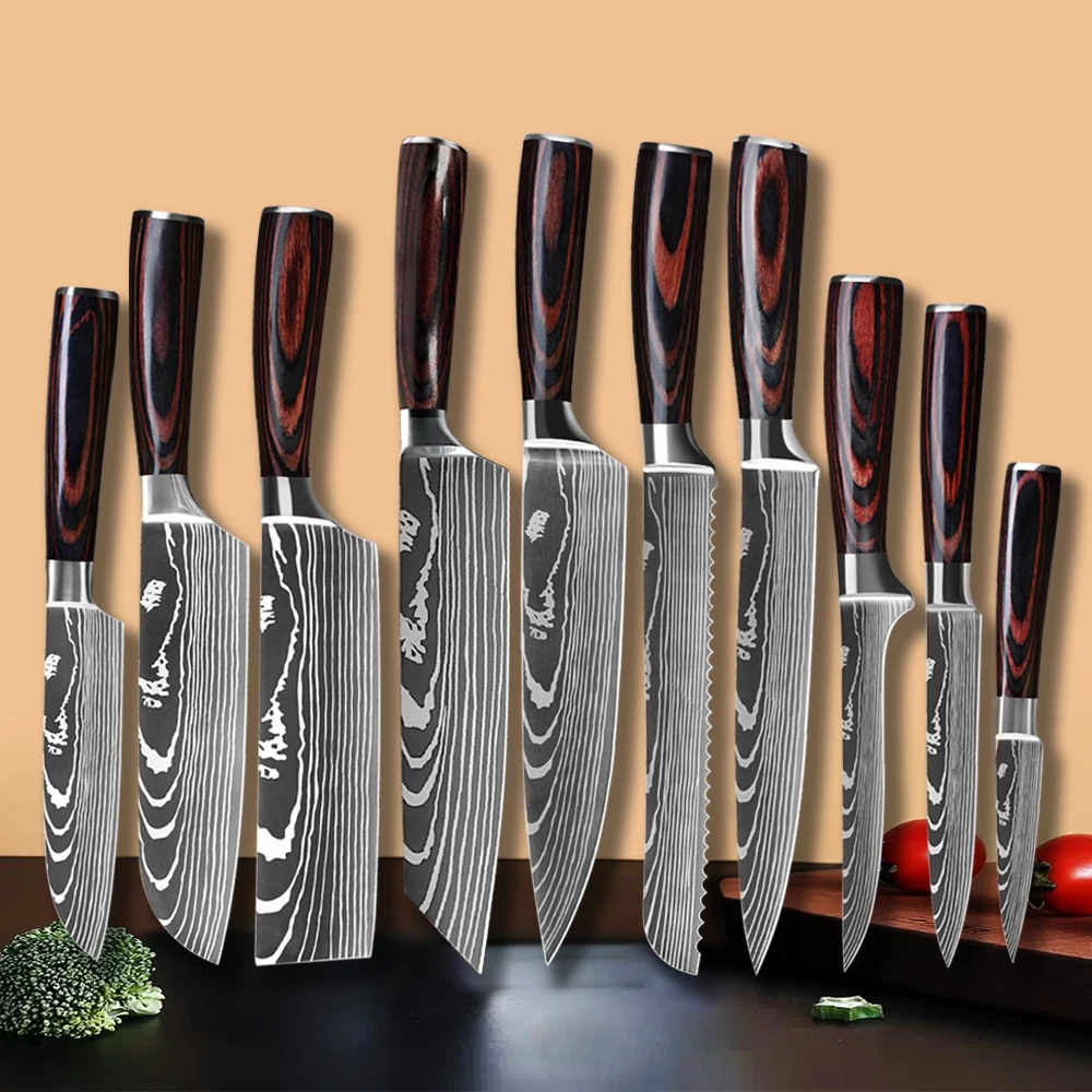 

Chef Knife 7CR17 High Carbon Stainless Steel Kitchen Knives Japanese Damascus Laser Pattern Cleaver 1-10PCS Set Utility Knives
