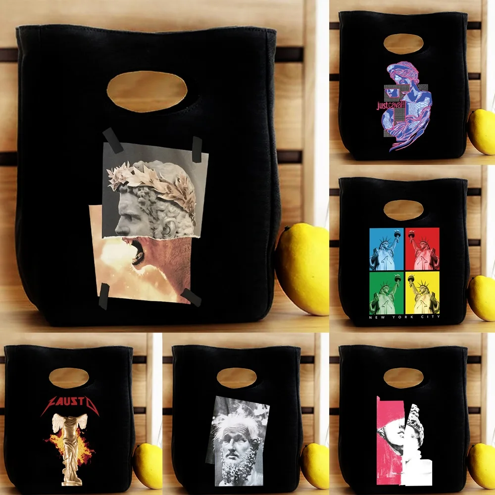 

Women's Diner Lunch Bag Black Lunchbox Insulated Thermal Bento Pouch Sculpture Pattern Tote Food Storage Magnet Buckle Handbag