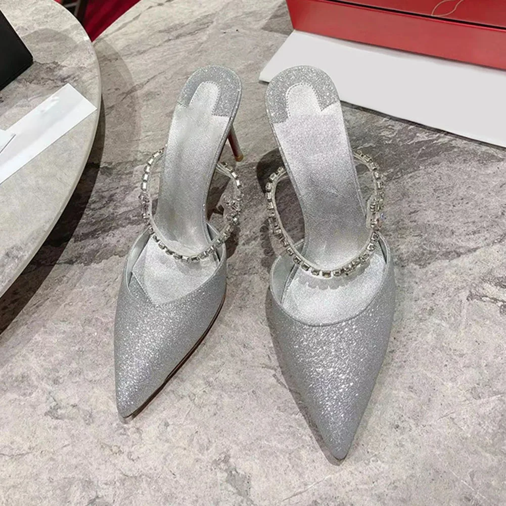 Brand New  Pointed Toe 2023 Summer Rhinestones Silver Black Wedding Sexy Party High Heels Women Mules Pumps Slip On Women Shoes