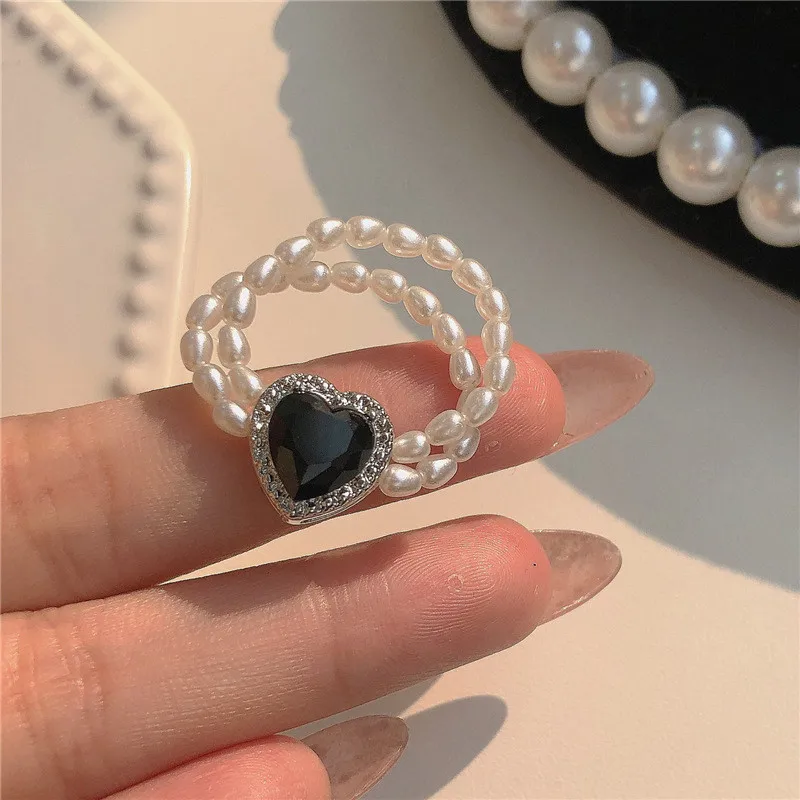 

Luxury Crystal Heart Imitation Pearl Beaded Rings For Women Exquisite Metal Inlaid Zircon Wedding Party Ring Engagement Jewelry