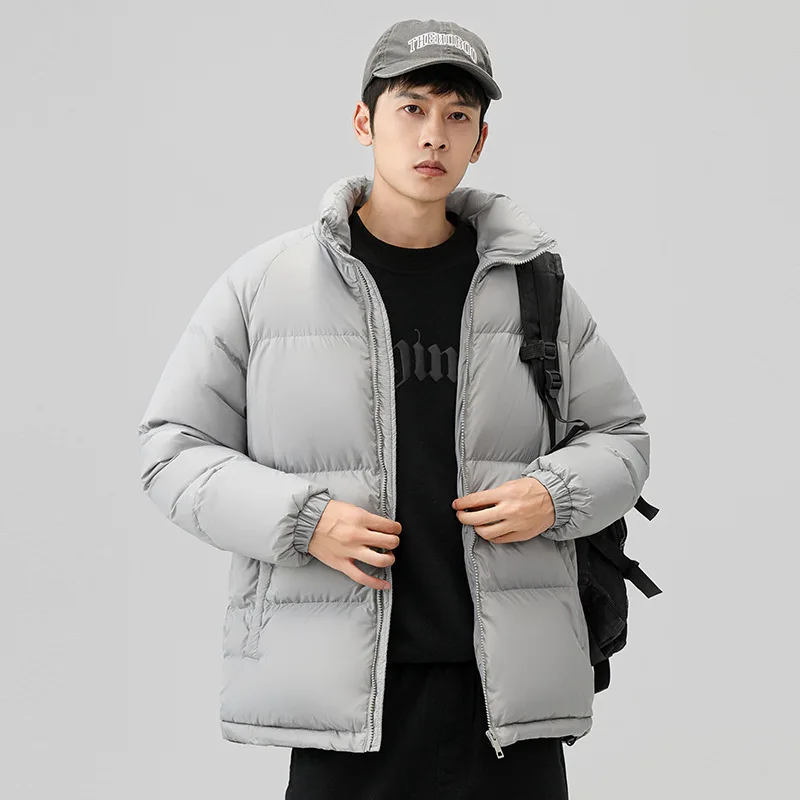 Мужской пуховик с воротником-стойкой теплый однотонный плюшевой подкладкой зима