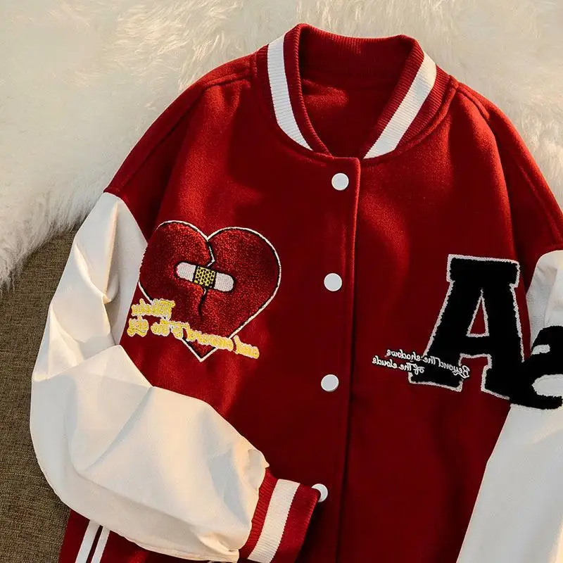 

Куртка мужская в стиле ретро с вышивкой в виде разбитого сердца, куртка для пар, уличная одежда в стиле Харадзюку, американская бейсбольная форма для пар, 2023